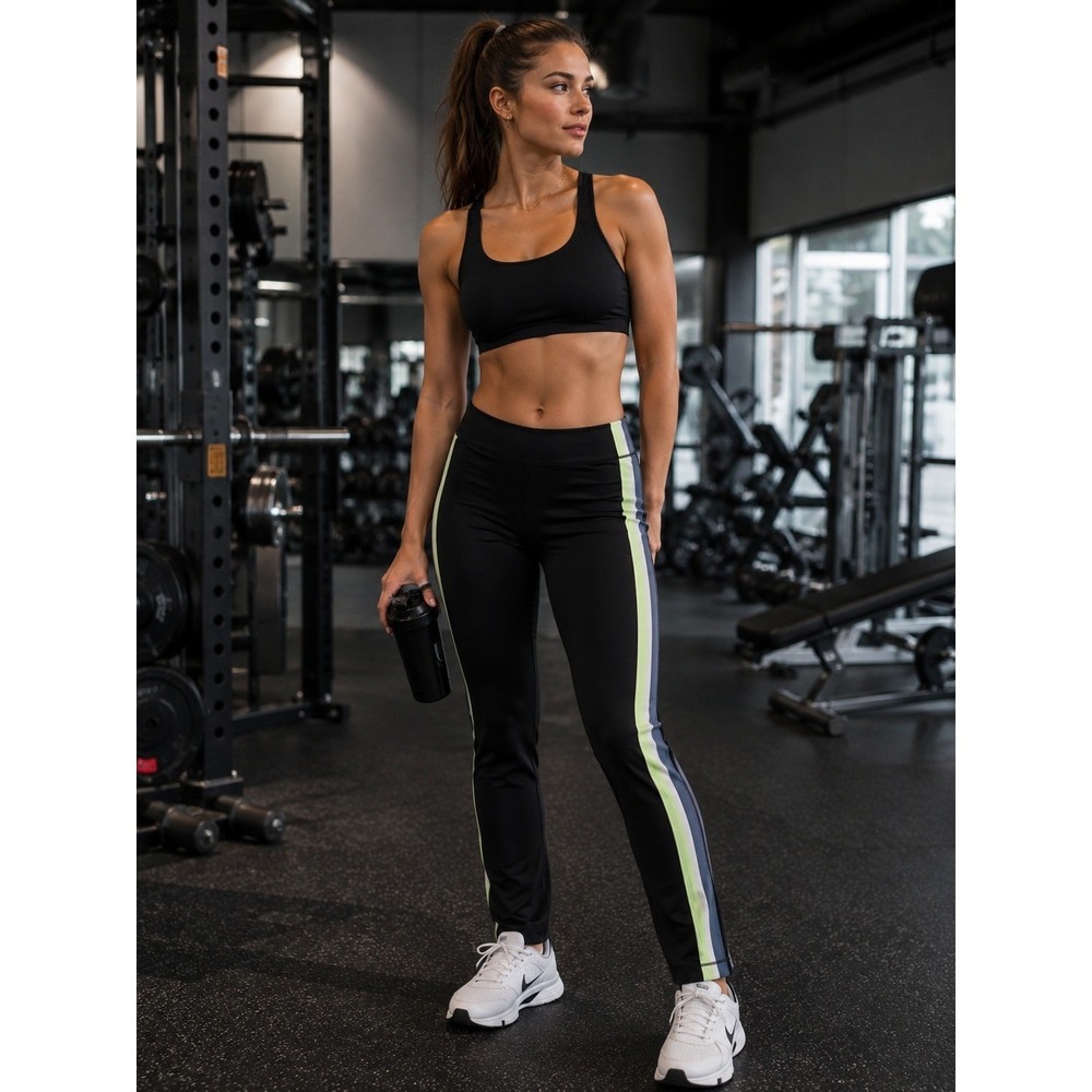Athleta Leggings Womens Medium Black Neon Green Interval‎ Side Stripe Tight Yoga